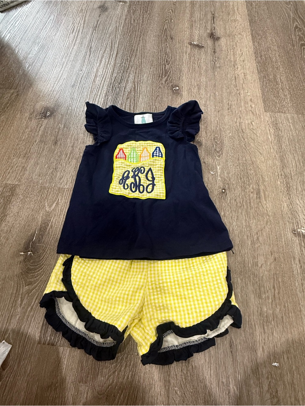 Girls Navy and Yellow Matching Set - Monogram Appliqué Top & Gingham Shorts